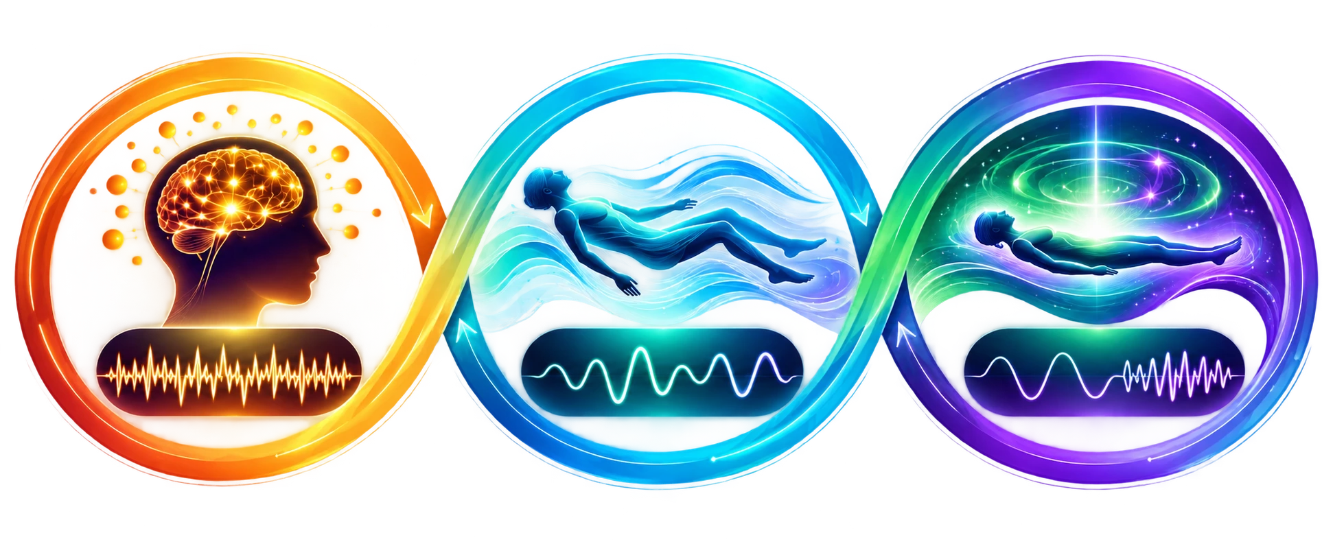 Three glowing circles tracing the arc of a session: an overstimulated mind, a deeply relaxed body, and a restored state.